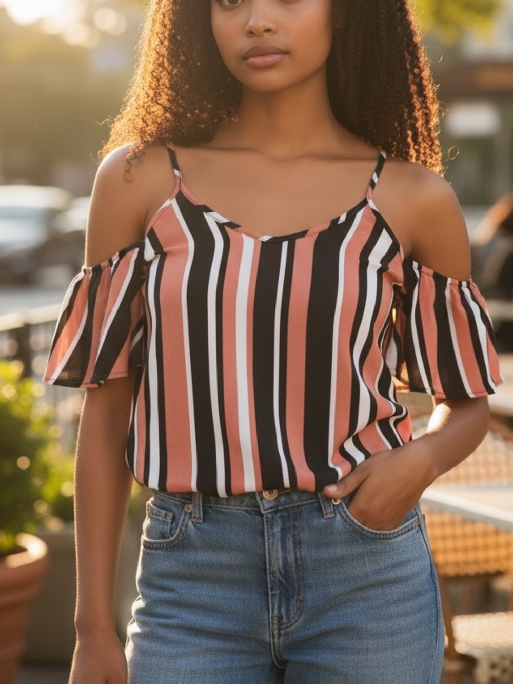 Love Culture Striped Cold-Shoulder Camisole in Rust, Black & White